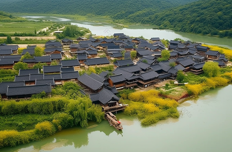 江南水乡古镇建筑绿水植物环绕美景风景实拍,高清,摄影图,摄影图片,图片大全,摄影图免费下载